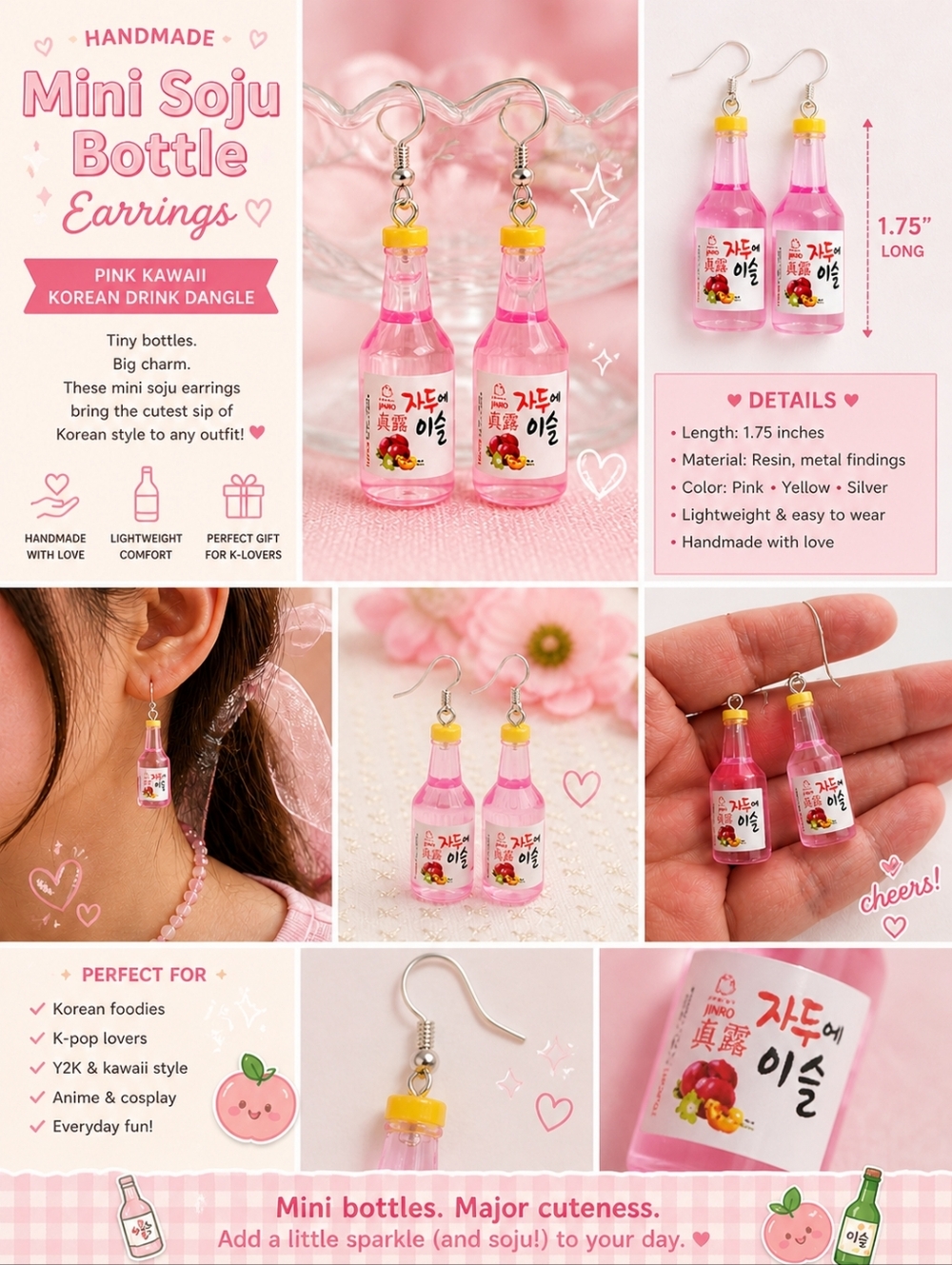 Handmade Mini Soju Bottle Earrings Pink Kawaii Korean Drink Dangle 1.75"